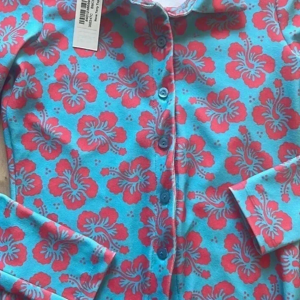 NWT Frankie’s Bikinis Nova Terry Floral Long Sleeve Button Up Blue Magic Sz S